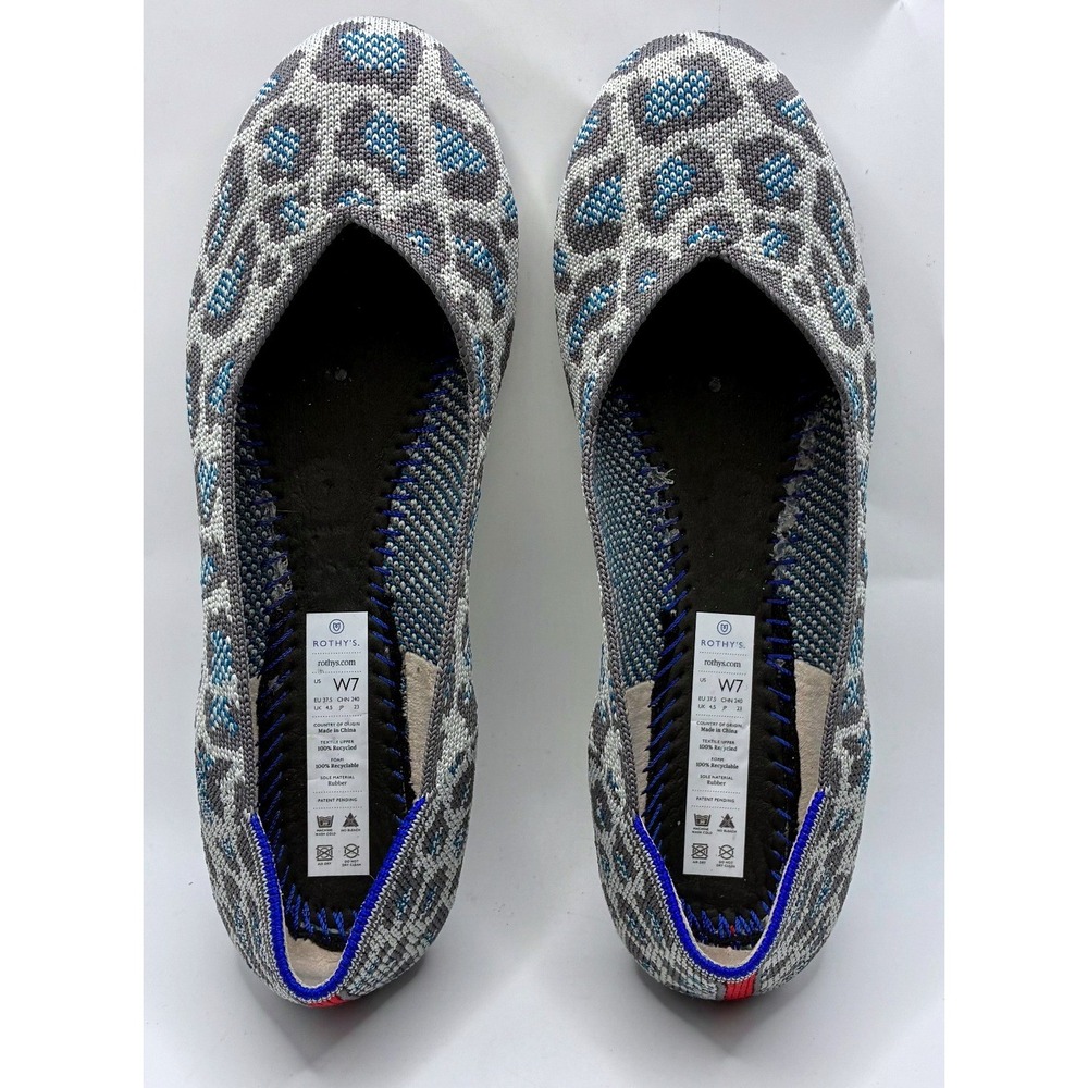 Rothy's The Flat Size 7 Grey Blue Leopard Print Round Toe Sustainable Shoes